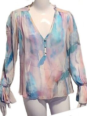 Parker Silk Blend Watercolour V Neck Peasant Sleeve Blouse Small-Medium